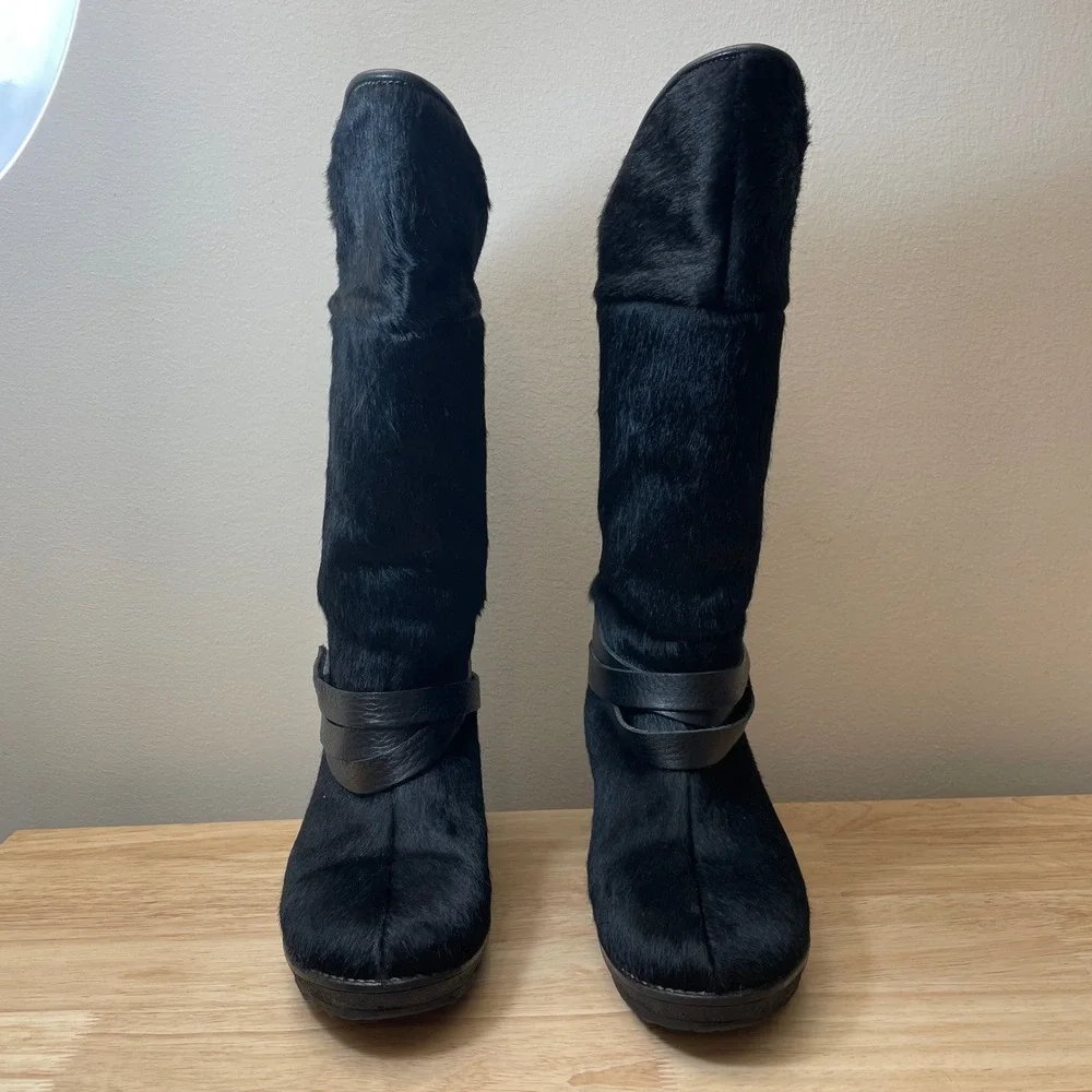 Oscar Sport Italy Black Pony Hair Wedge Boots Faux‎ Shearling Lined Womens 38
